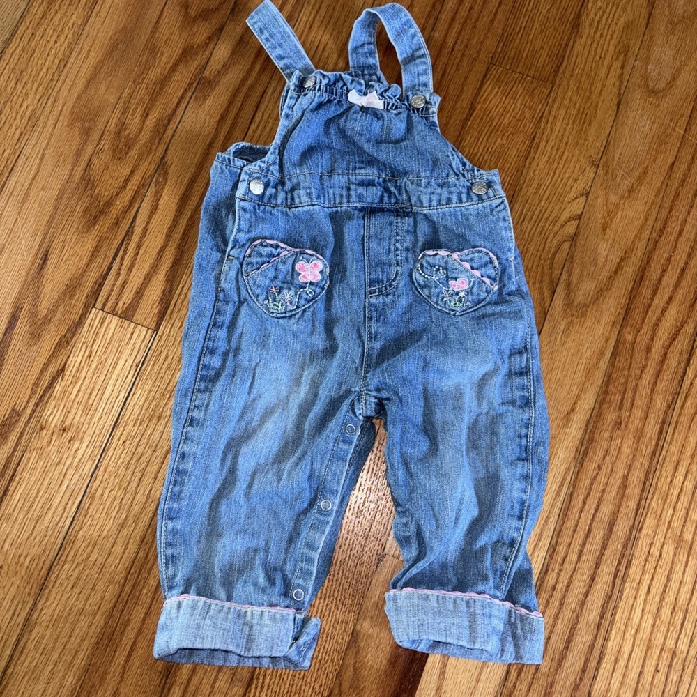 Vintage Faded Glory Girls 6-9 Mo Denim Overalls Y2K Ruffle Embroidered butterfly